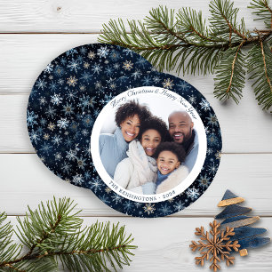 Moderne Blaue Vintage-Schneeflocken Weihnachtsfoto Feiertagskarte