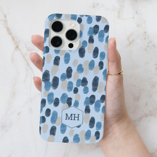 Moderne Blaue Wasserfarbe-Punktmuster-Monogramm Case-Mate iPhone Hülle