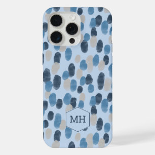 Moderne Blaue Wasserfarbe-Punktmuster-Monogramm iPhone 15 Pro Max Hülle