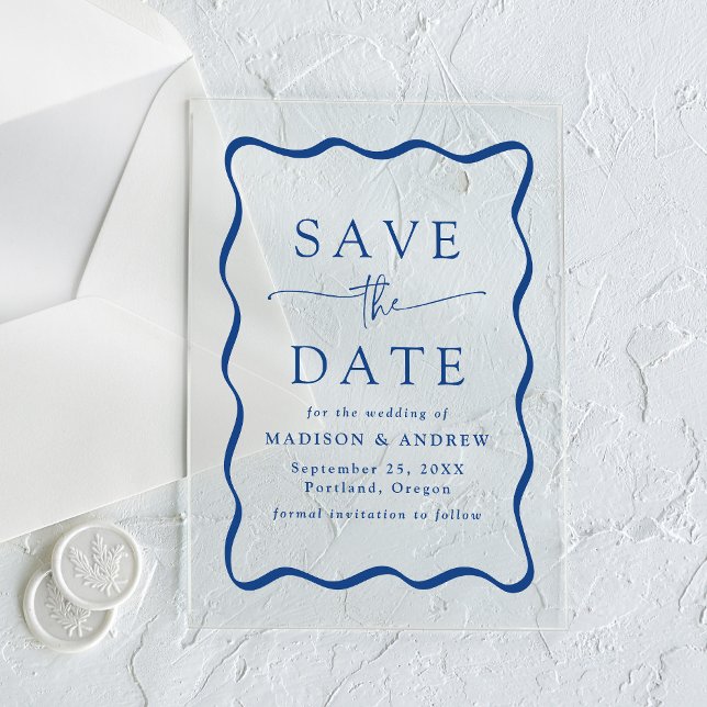 Moderne blaue Wavy Frame Wedding Save the Date Acryleinladungen (Von Creator hochgeladen)