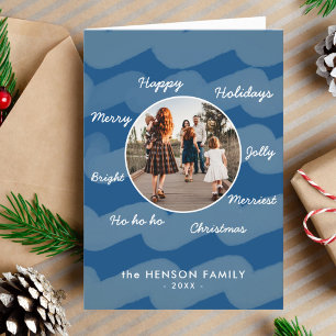 Moderne blaue Weihnachtswünsche Familienfoto Feiertagskarte