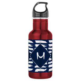 Moderne Blaue Weiße Muster Stylische Monogramm  Edelstahlflasche