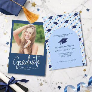 Moderne Blaue Weiße Schrift Foto Abschlussfeier Einladung