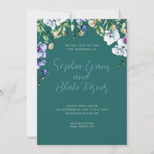 Moderne blaue, weiße und grüne Blumenhochzeit Einladung
