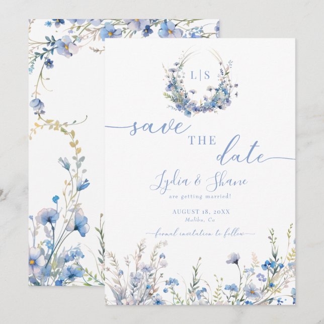 Moderne blaue Wildblumen Save The Date (Vorne/Hinten)