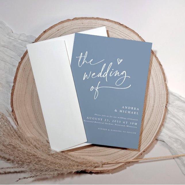 Moderne Blauer Handschrift Herz Hochzeit Einladung (Dusty blue wedding invitations - modern handwriting with heart)