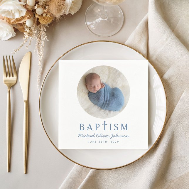 Moderne Blauer Kreuz Taufe Foto Serviette (Modern Photo Blue Cross Boy Baptism Napkins)