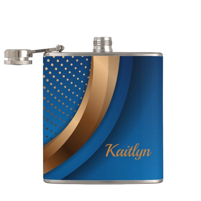 Moderne Blauer und Gold Liquor Vinyl Wrapped Flask Flachmann (Geöffnet)