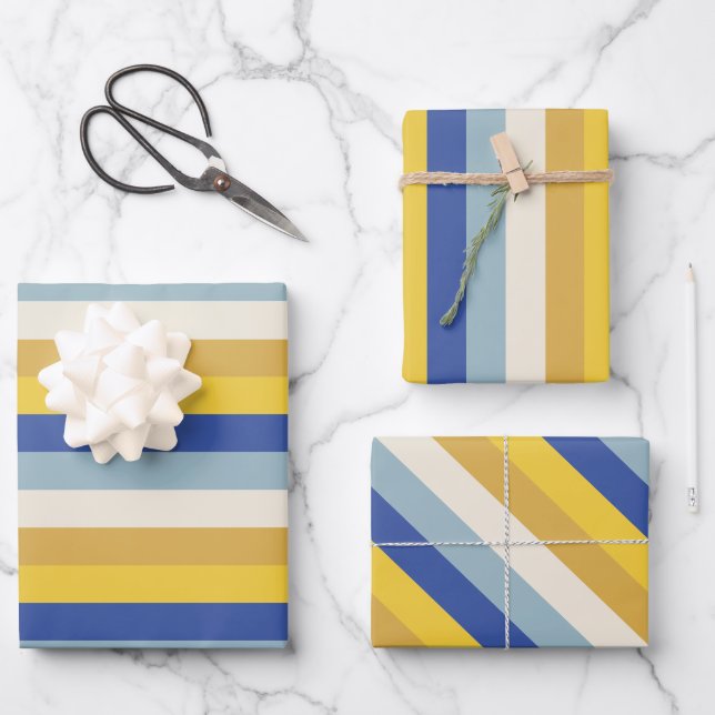 Moderne blaugelbe goldene Streifen aus Hanukkah Geschenkpapier Set (Vorderseite)