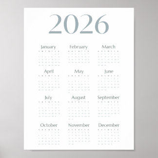 Moderne Blaugrau 2026 Kalender Einfach Einseitig  Poster
