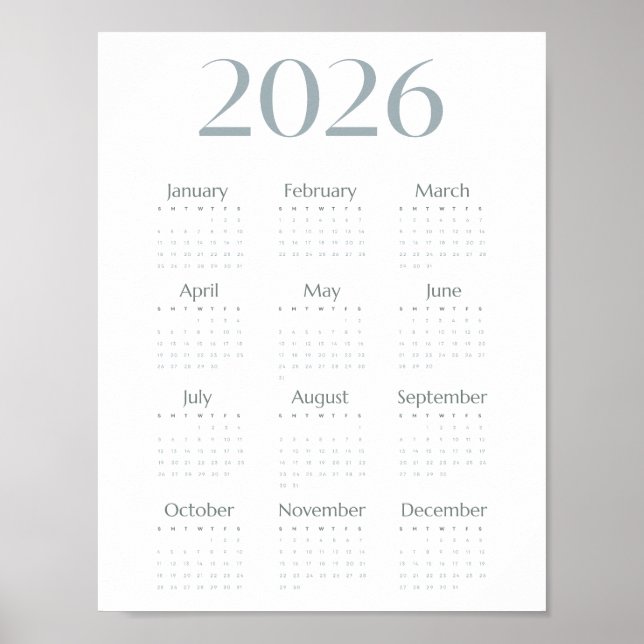 Moderne Blaugrau 2026 Kalender Einfach Einseitig  Poster (Vorne)
