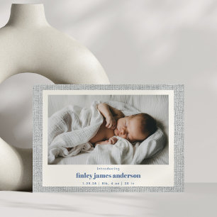 Moderne Blaugraue Leinenstruktur Baby-Foto-Geburt Ankündigung