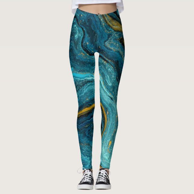 Moderne blaugrüne goldfarbene Marmorplatte Abstrak Leggings (Vorderseite)