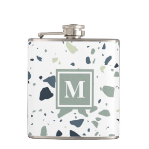 Moderne Blaugrüne Terrazzo-Marmor-Monogramm Flachmann