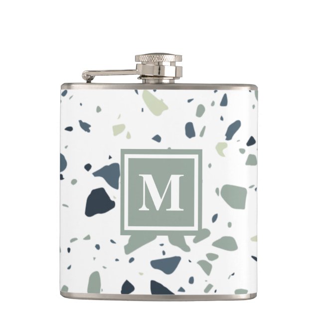 Moderne Blaugrüne Terrazzo-Marmor-Monogramm Flachmann (Vorderseite)