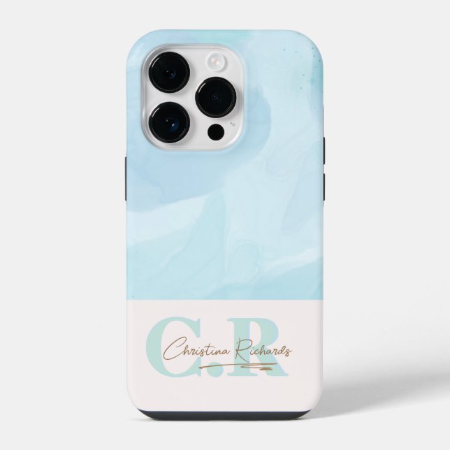 Moderne Blautürkis-Wasserfarbe iPhone Hülle (Rückseite)