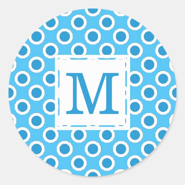 Moderne blauweiße Big Dots Mit Monogramm Runder Aufkleber (Vorderseite)