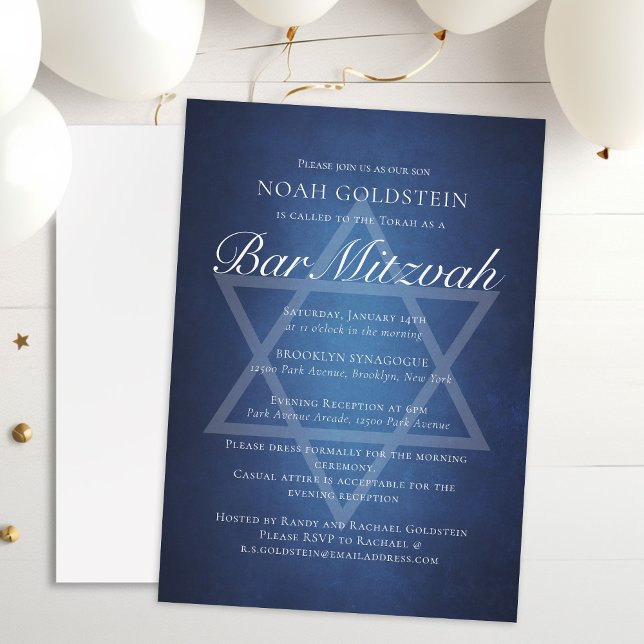 Moderne Blauweiße Typografie Formal Bar Mitzvah Einladung (Von Creator hochgeladen)