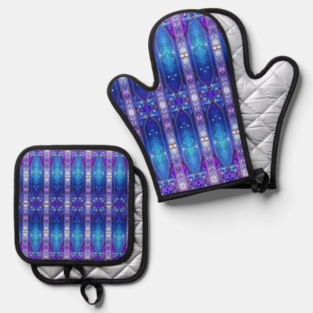 Moderne Bleiglasfenster Ofenhandschuh & Topflappen-Set (Vorderseite/Rückseite)