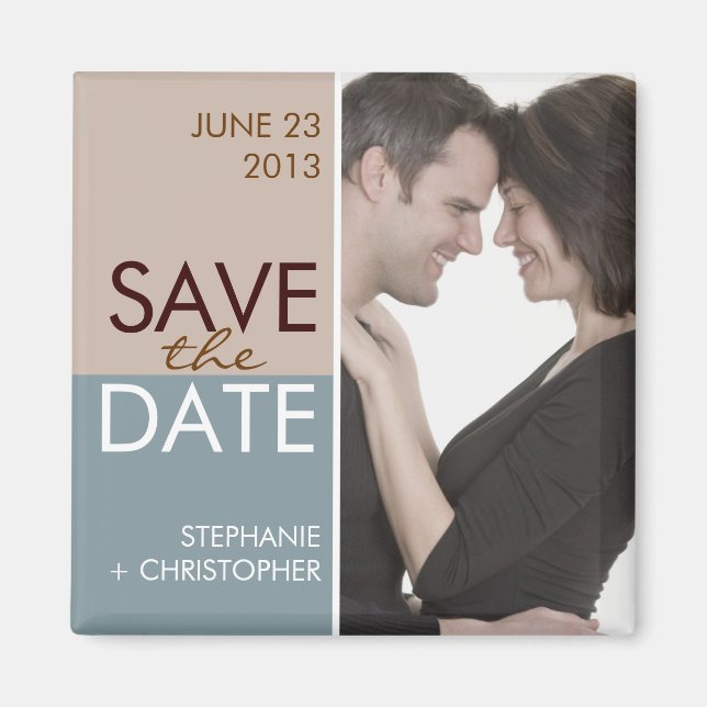 Moderne Blöcke Save the Date blau und braun Magnet (Vorne)