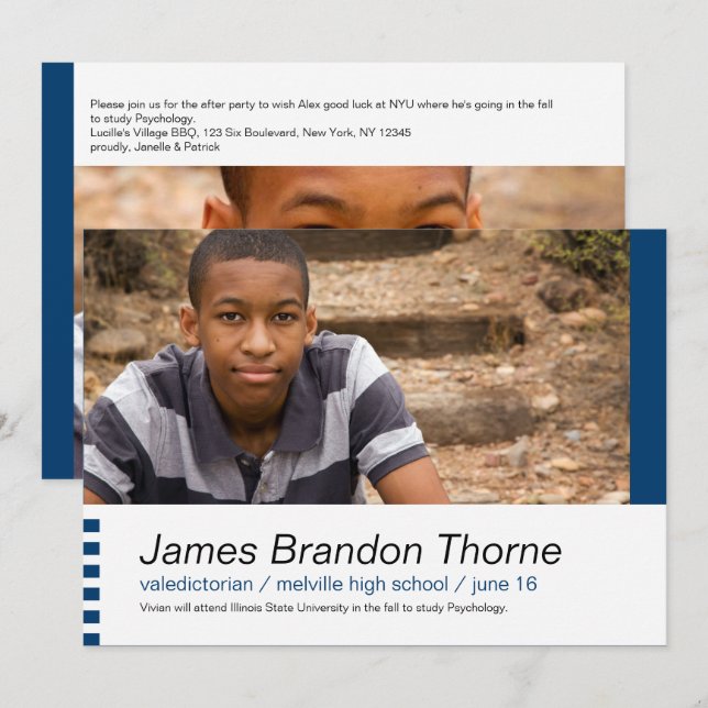 Moderne Blocks in Blue 2 Foto Abschluss laden ein Einladung (Vorne/Hinten)