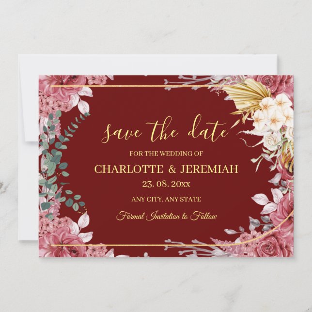Moderne Bloral Burgundy Gold Eukalyptus Wedding Save The Date (Vorderseite)