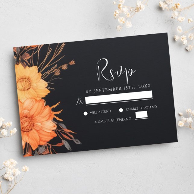 Moderne Blorfall Black Wedding RSVP Karte (Modern Floral Fall Black Wedding RSVP Card)