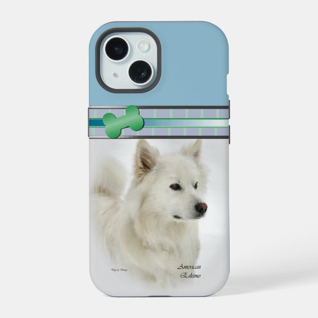 Moderne Blue American Eskimo Dog Art iPhone 15 Hülle (Rückseite)