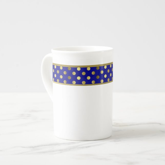 Moderne Blue and Gold Polka Dot Band Knochen China Prozellantasse (Vorderseite Links)