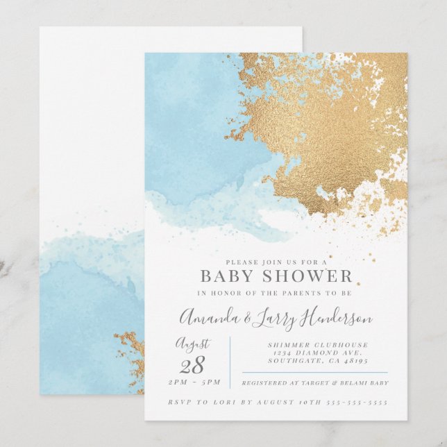 Moderne Blue and Gold Watercolor Baby Dusche Einladung (Vorne/Hinten)
