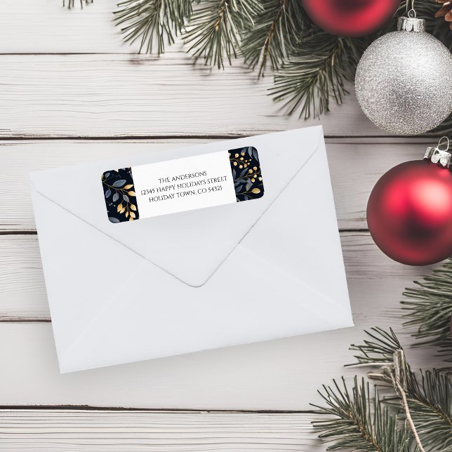 Moderne Blue and Gold Weihnachten-Blätter (Blue And Gold Christmas Leaf Return Address Labels)