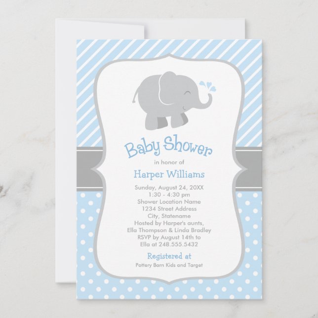 Moderne Blue and Gray Elephant Boy Baby Dusche Einladung (Vorderseite)