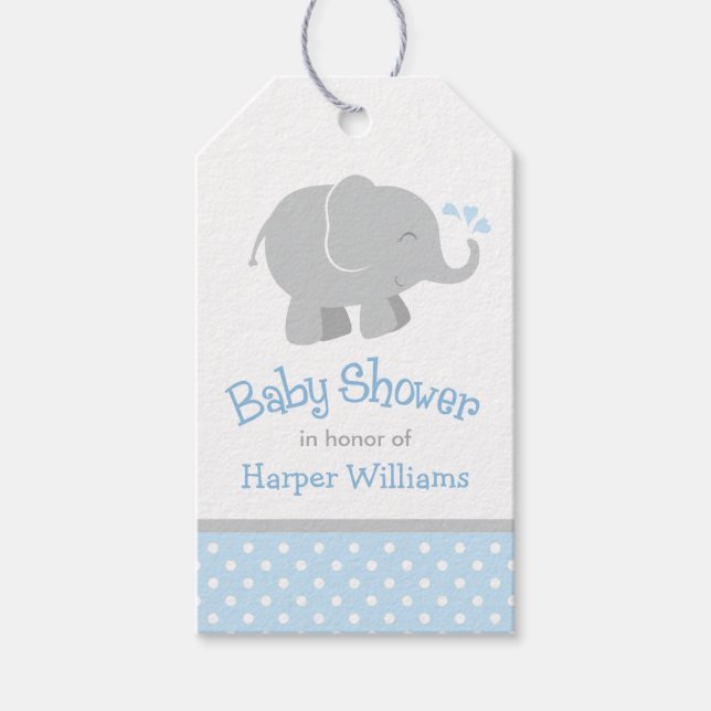 Moderne Blue and Gray Elephant Boy Baby Dusche Geschenkanhänger (Vorderseite)