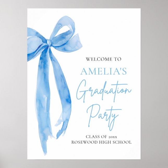 Moderne Blue Bow Coquette Graduation Party Willkom Poster (Vorne)