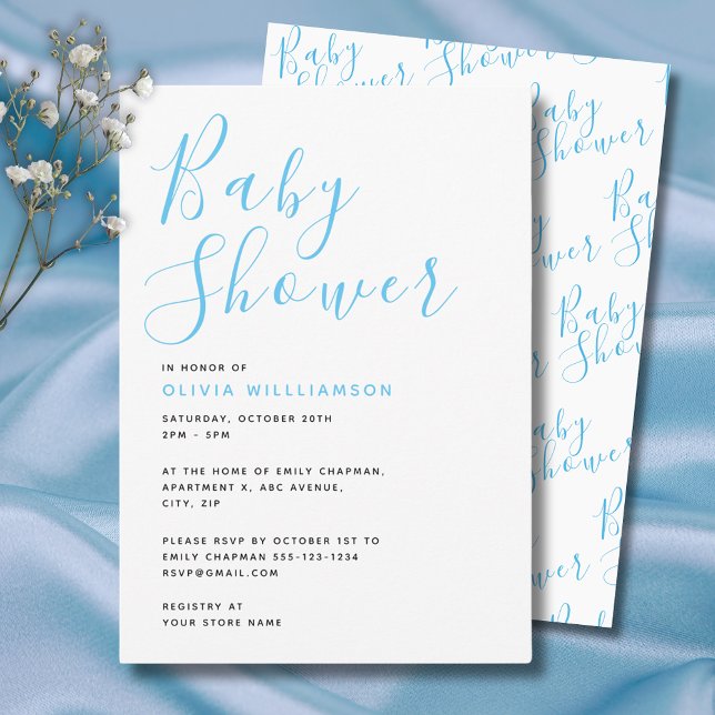 Moderne Blue Boys Baby Dusche Einladung (Simple and elegant, modern blue baby shower invitation with script typography. )
