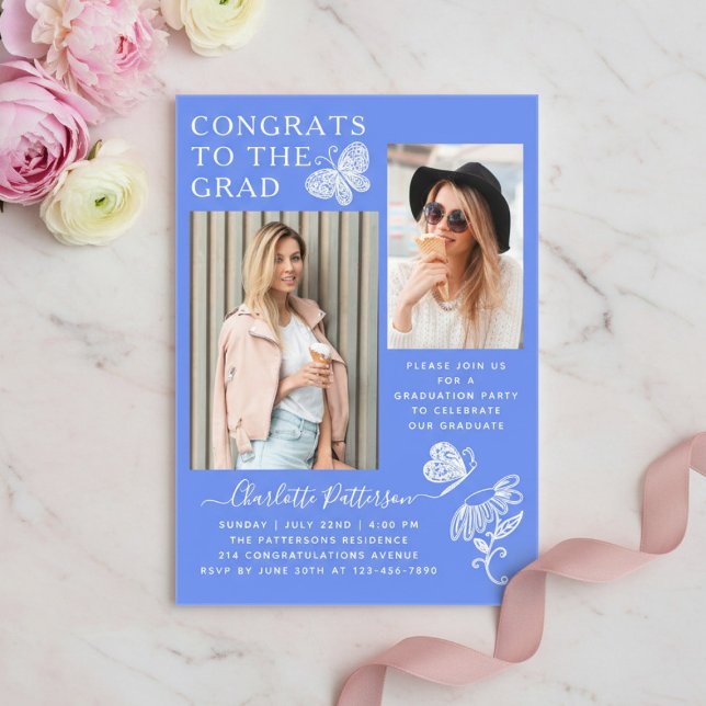Moderne Blue Butterfly Foto Graduation Party Acryleinladungen (Von Creator hochgeladen)
