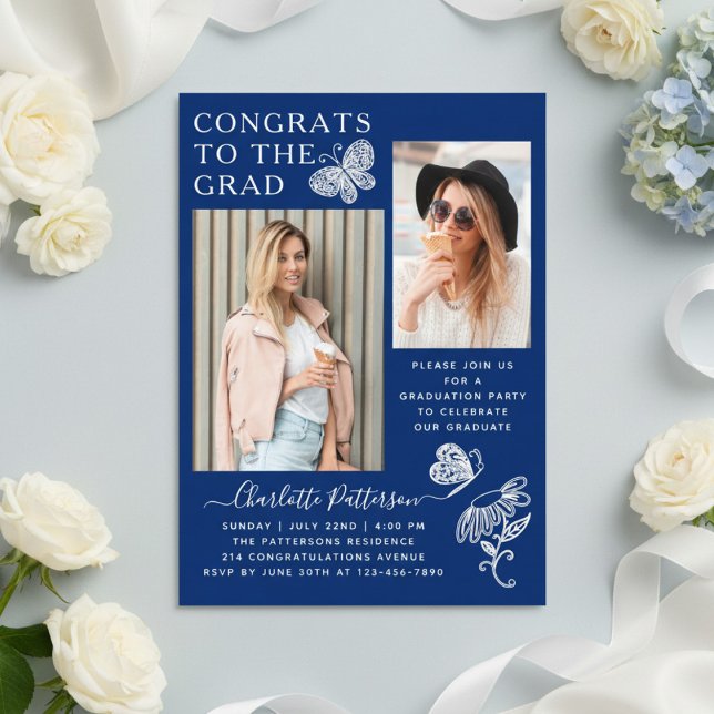 Moderne Blue Butterfly Foto Graduation Party Acryleinladungen (Von Creator hochgeladen)