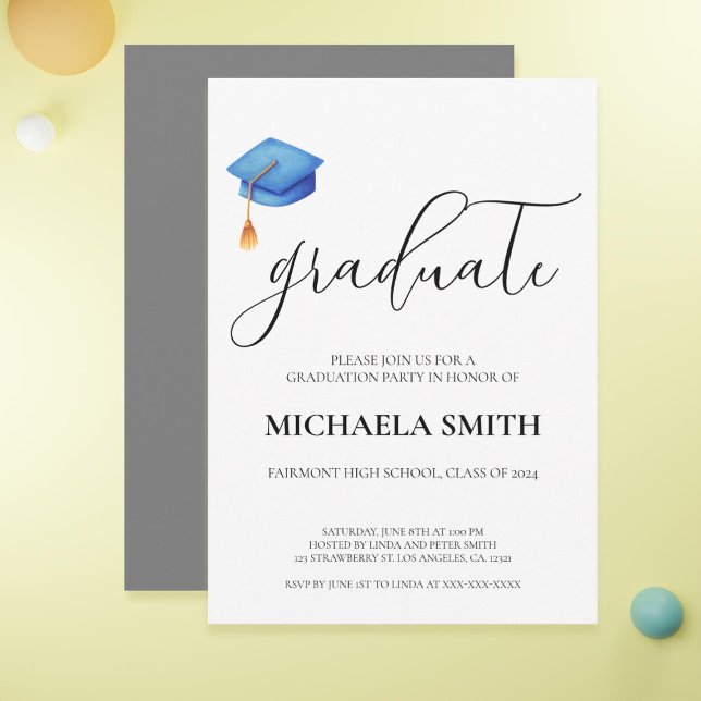 Moderne Blue Cap High School Graduation Party Einladung (Cute Modern Blue Cap High School Graduation Party Invitation)