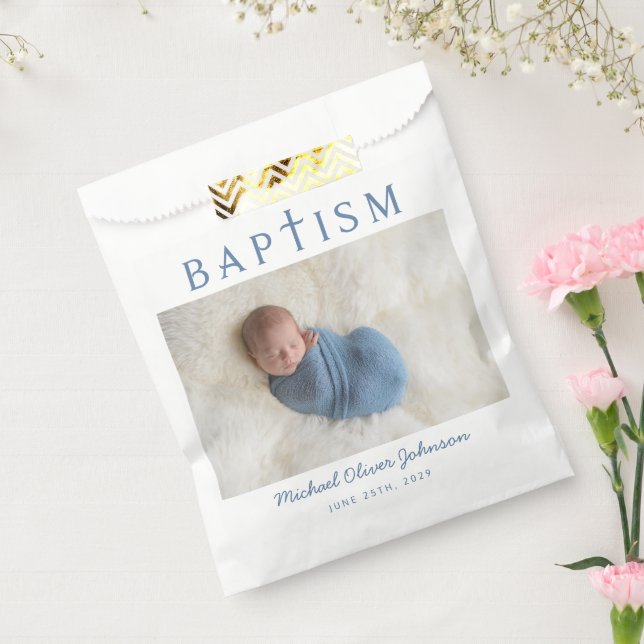 Moderne Blue Cross Foto Boy Baptisse Geschenktütchen (Versiegelt)