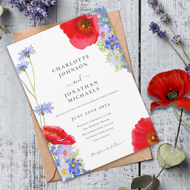 Moderne Blue Elegante Wildblume Hochzeit Einladung (Colorful wildflower boho chic wedding invitation )