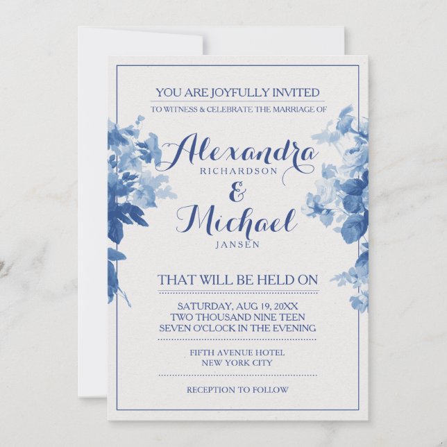 Moderne Blue Floral Blume Watercolor Wedding Card Einladung (Vorderseite)