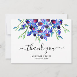 Moderne Blue Floral Orchids Wasserfarbname Hochzei Dankeskarte