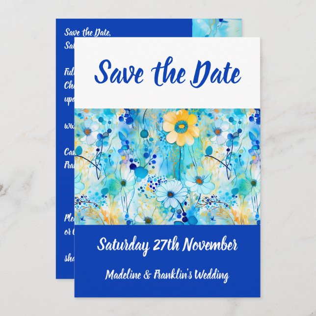 Moderne Blue Floral Print Wedding rettet das Datum Save The Date (Vorne/Hinten)
