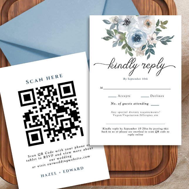 Moderne Blue Floral QR Code Wedding RSVP Card (Modern Dusty Blue Floral QR Code Wedding RSVP Card)