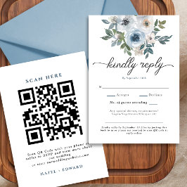 Moderne Blue Floral QR Code Wedding RSVP Card Karte