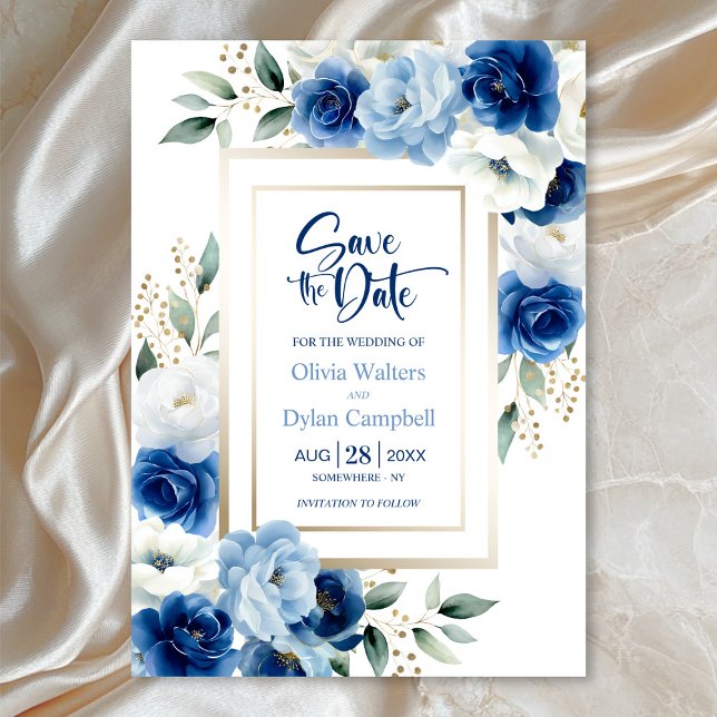 Moderne Blue Floral Wedding rettet das Datum Einladung (Von Creator hochgeladen)