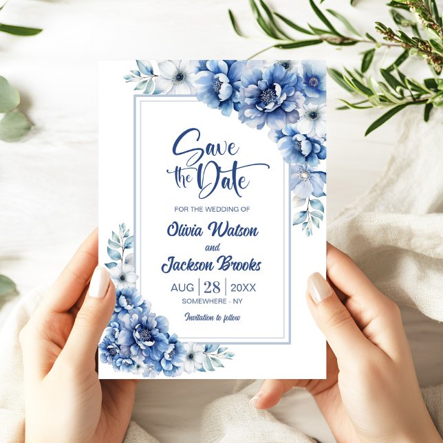 Moderne Blue Floral Wedding rettet das Datum Einladung (Von Creator hochgeladen)