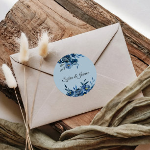 Moderne Blue Floral Wedding Umschlag Aufkleber