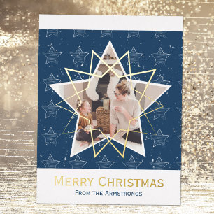 Moderne Blue Foil Stars Frohe Weihnachten Foto Folien Feiertagspostkarte
