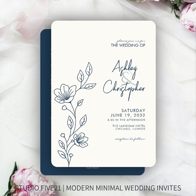 Moderne Blue Foliage Kontur All-in-One Hochzeit Einladung (Von Creator hochgeladen)